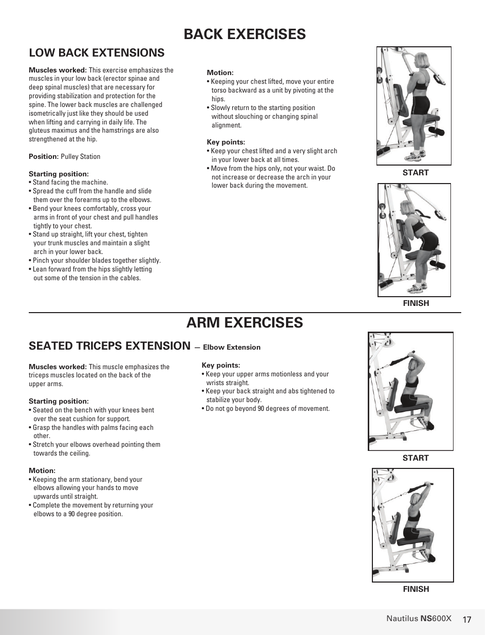 Back exercises, Arm exercises, Low back extensions | Seated triceps extension | Nautilus BE STRONG. NS 600X User Manual | Page 17 / 25