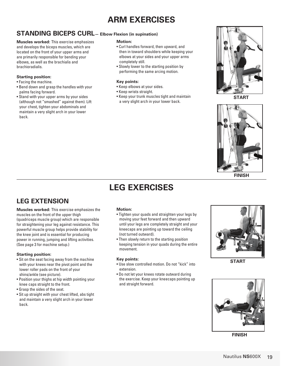 Arm exercises, Leg exercises, Standing biceps curl | Leg extension | Nautilus BE STRONG. NS 600X User Manual | Page 19 / 25