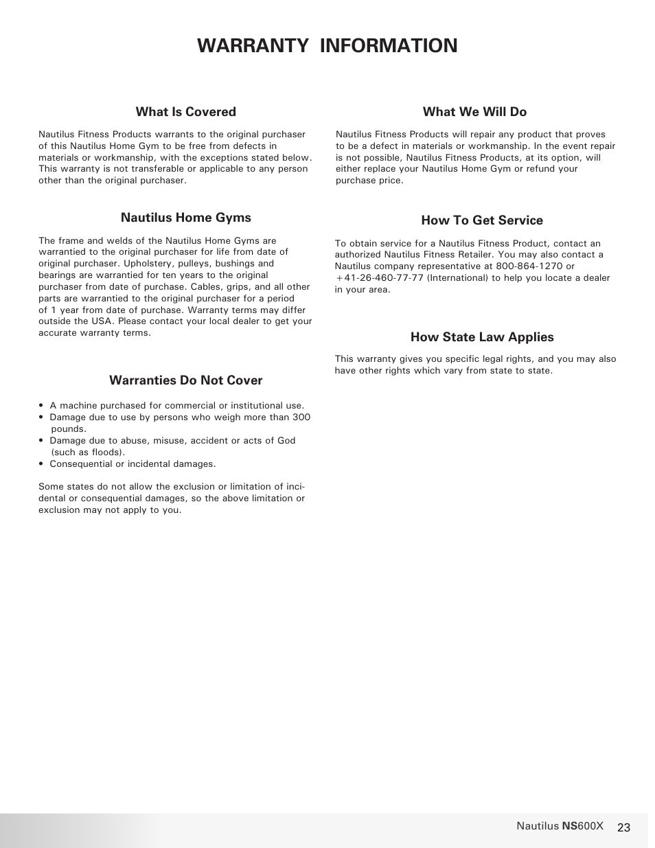 Warranty information | Nautilus BE STRONG. NS 600X User Manual | Page 23 / 25