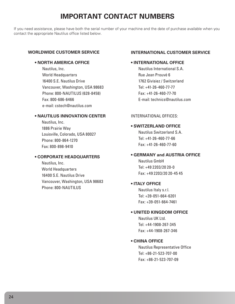 Important contact numbers | Nautilus BE STRONG. NS 600X User Manual | Page 24 / 25