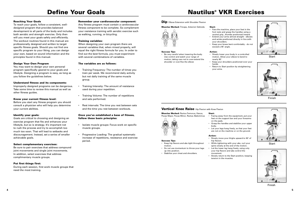 Define your goals, Nautilus, Vkr exercises | Vertical knee raise | Nautilus VKR STRENGTH SYSTEM 1160 User Manual | Page 4 / 5