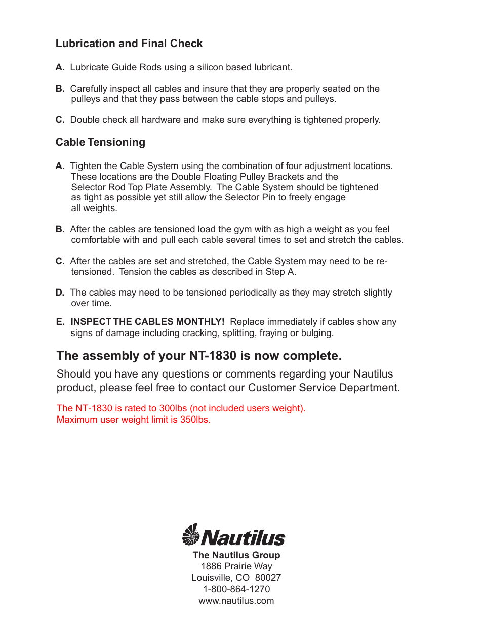 The assembly of your nt-1830 is now complete | Nautilus NT-1830 User Manual | Page 8 / 8