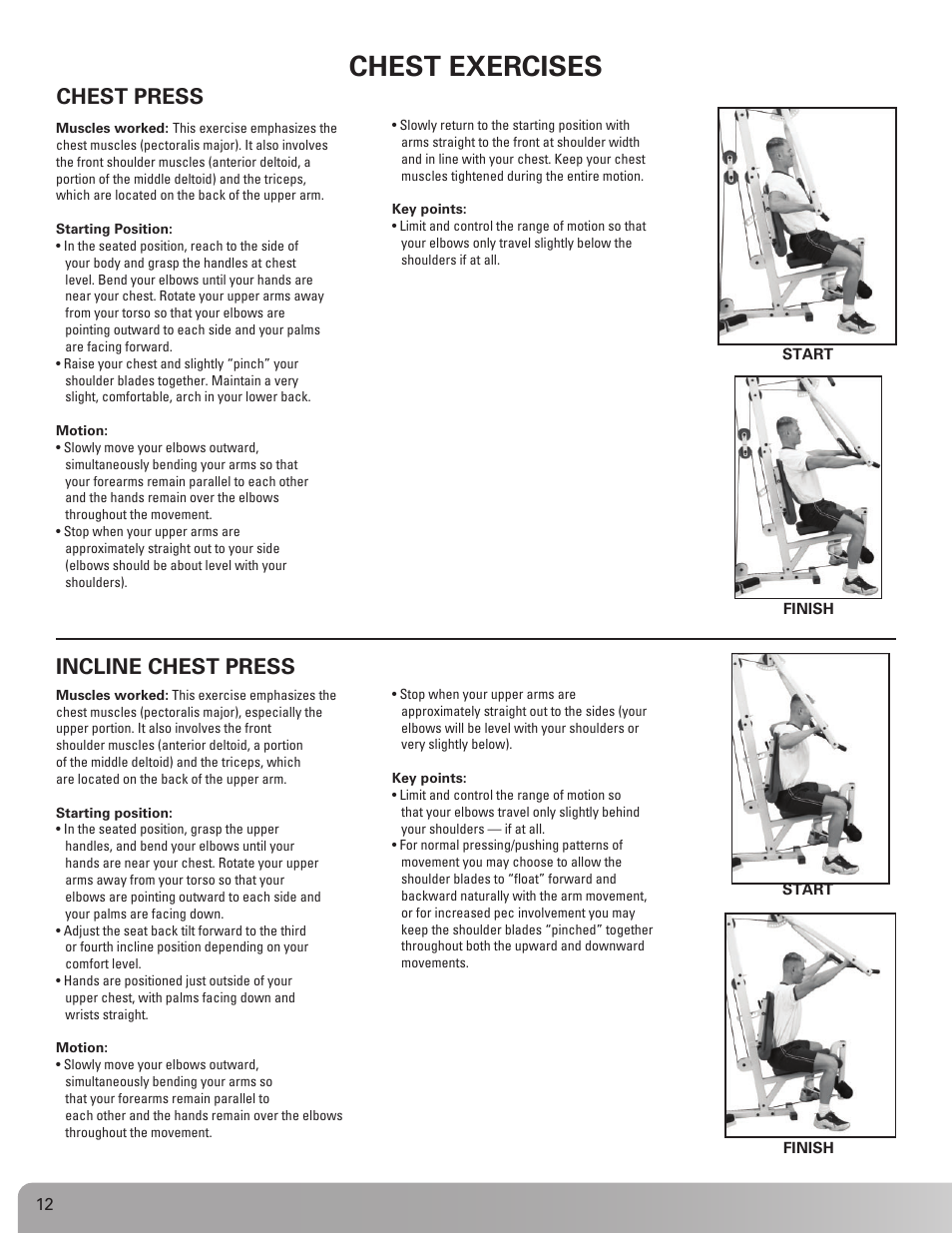 Chest exercises, Chest press, Incline chest press | Nautilus NS 200X User Manual | Page 12 / 27