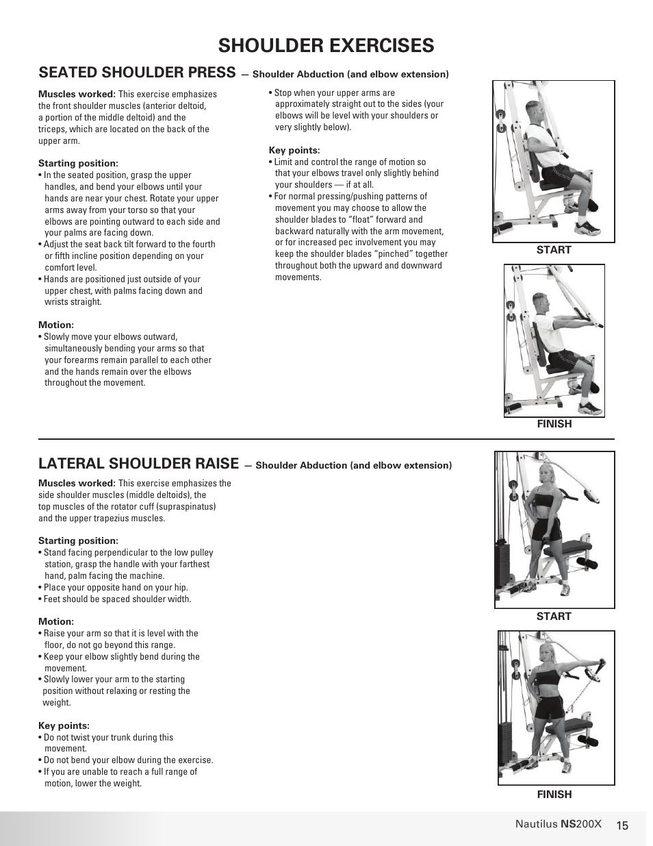 Shoulder exercises, Seated shoulder press, Lateral shoulder raise | Nautilus NS 200X User Manual | Page 15 / 27