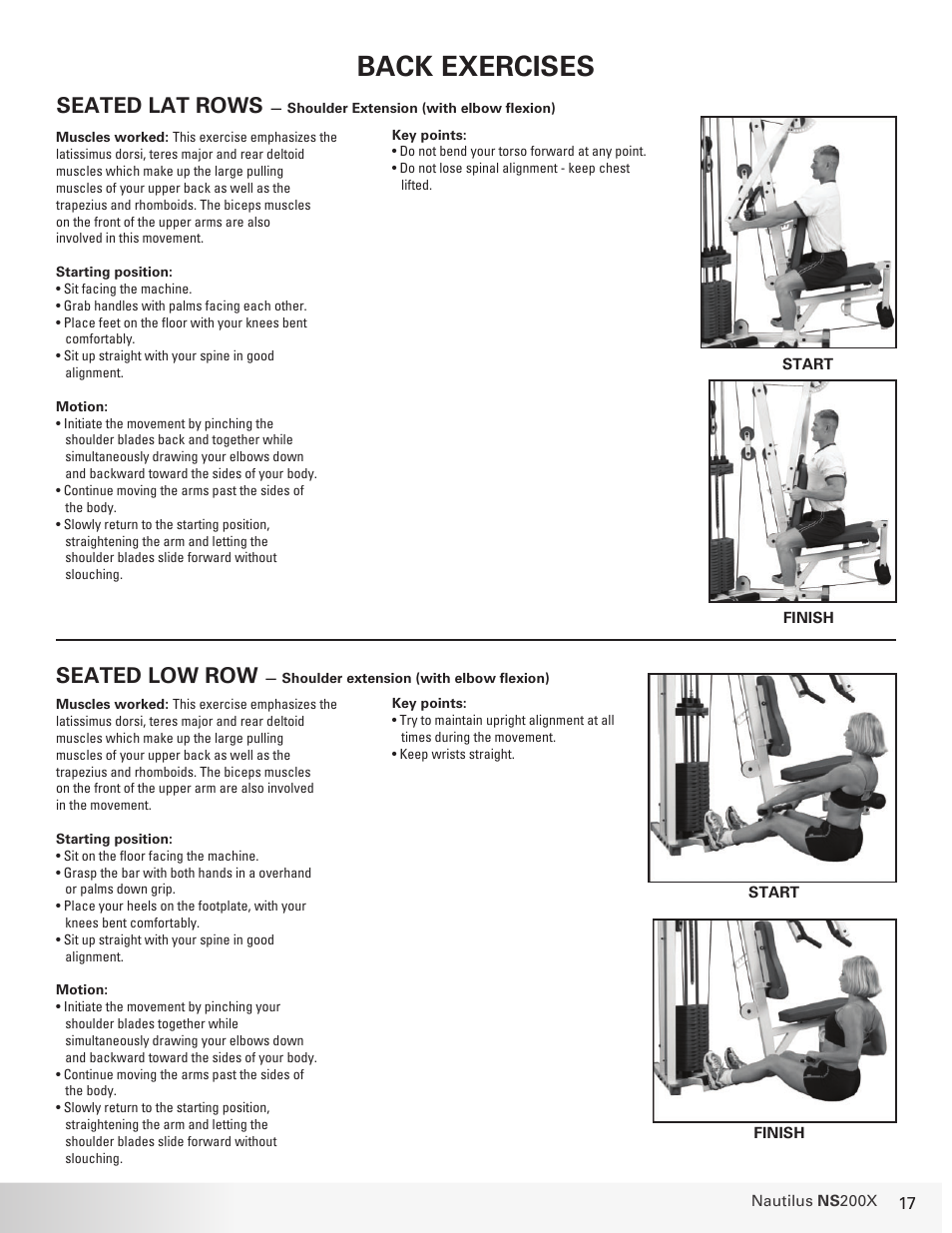 Back exercises, Seated lat rows, Seated low row | Nautilus NS 200X User Manual | Page 17 / 27