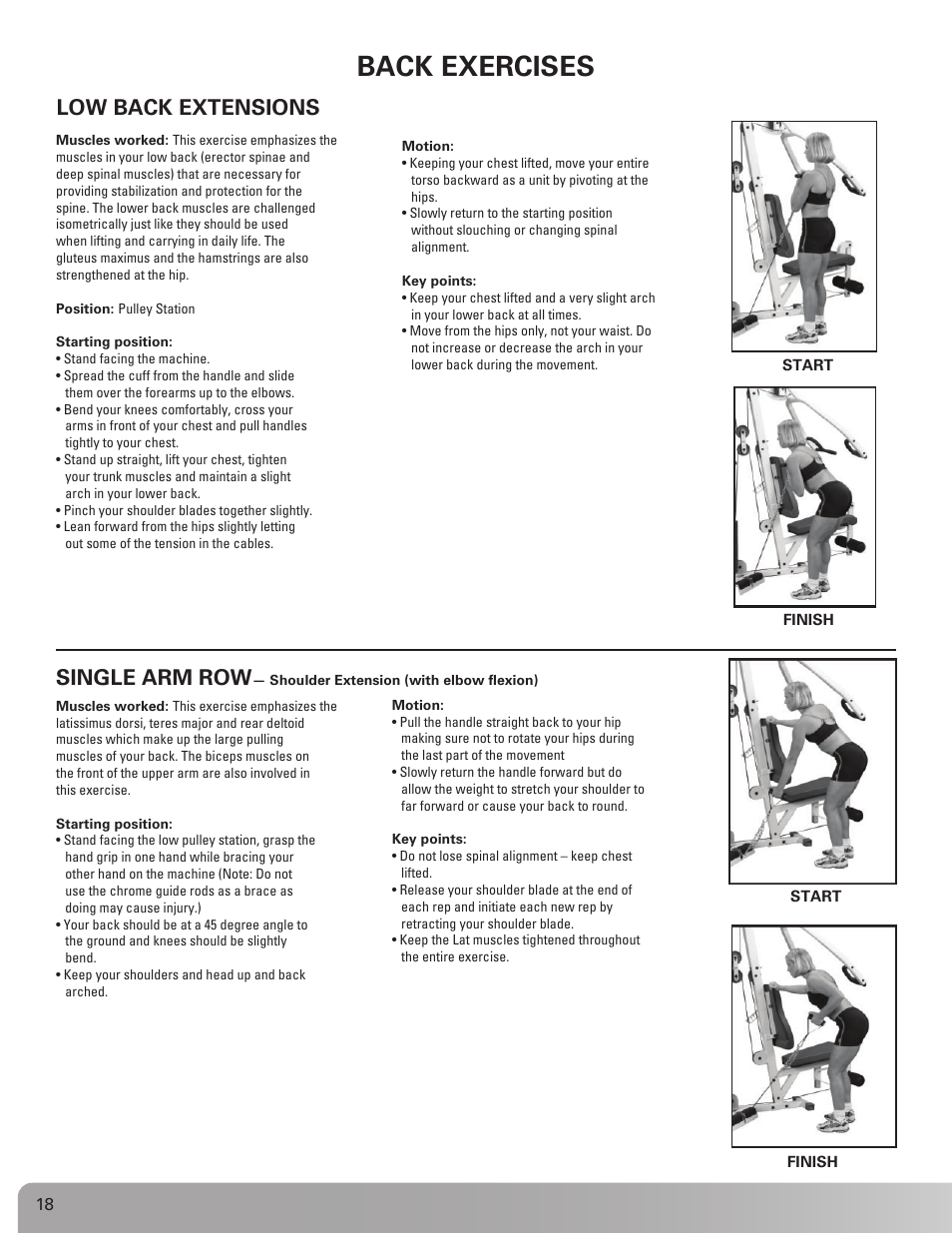 Back exercises, Low back extensions, Single arm row | Nautilus NS 200X User Manual | Page 18 / 27