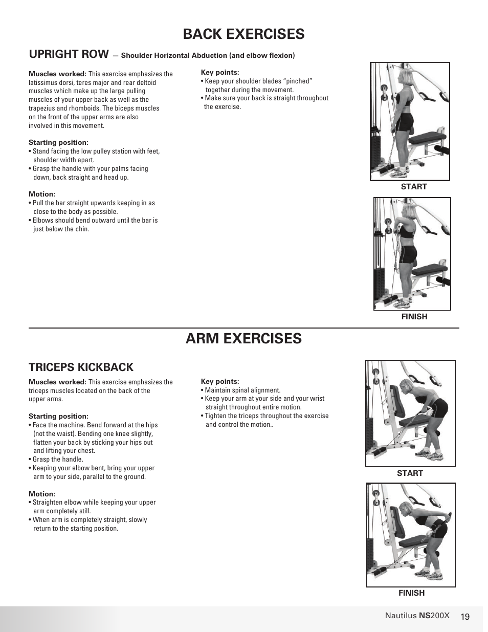 Back exercises, Arm exercises, Upright row | Triceps kickback | Nautilus NS 200X User Manual | Page 19 / 27