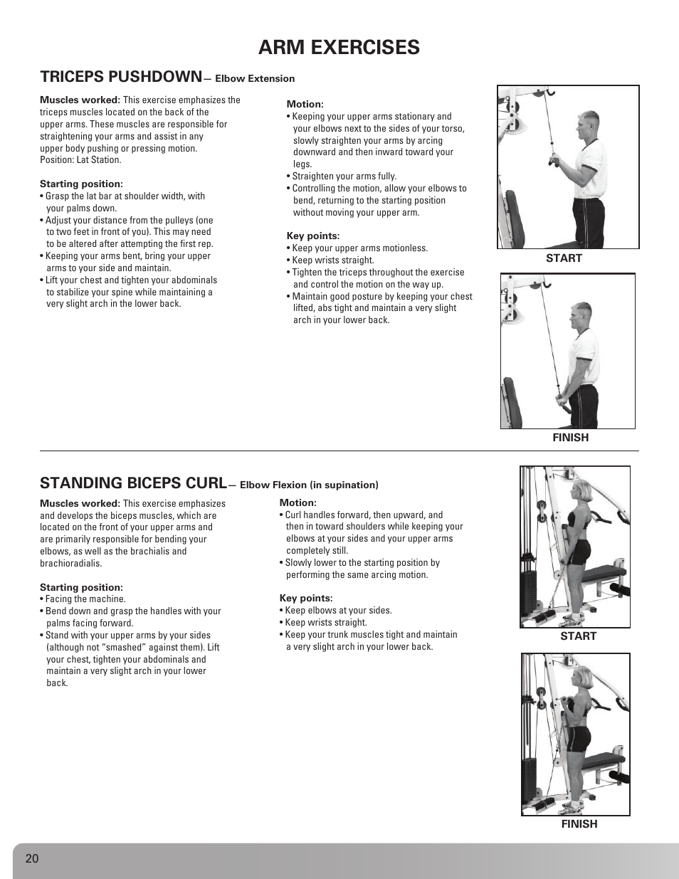 Arm exercises, Triceps pushdown, Standing biceps curl | Nautilus NS 200X User Manual | Page 20 / 27