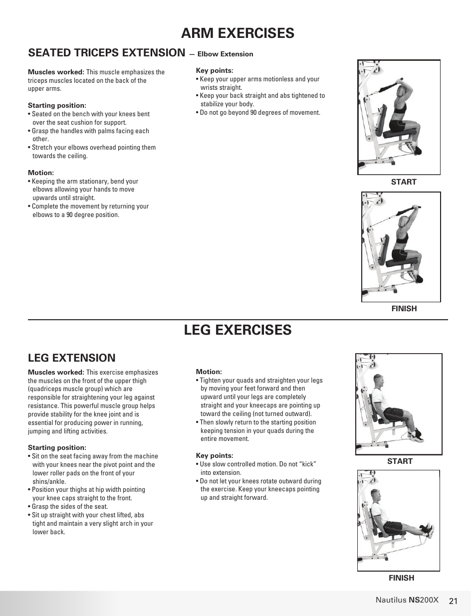 Arm exercises, Leg exercises, Seated triceps extension | Leg extension | Nautilus NS 200X User Manual | Page 21 / 27