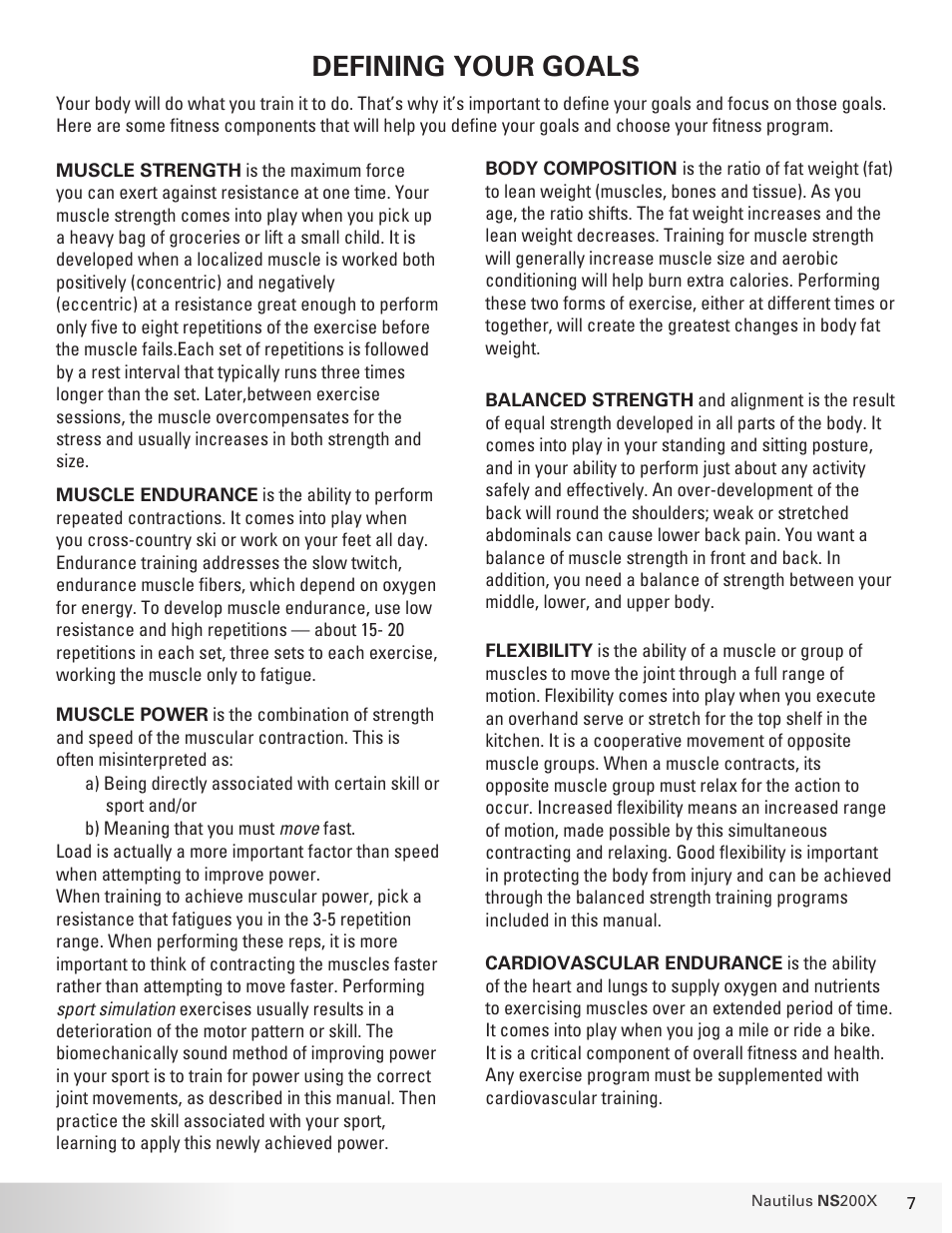 Defining your goals | Nautilus NS 200X User Manual | Page 7 / 27