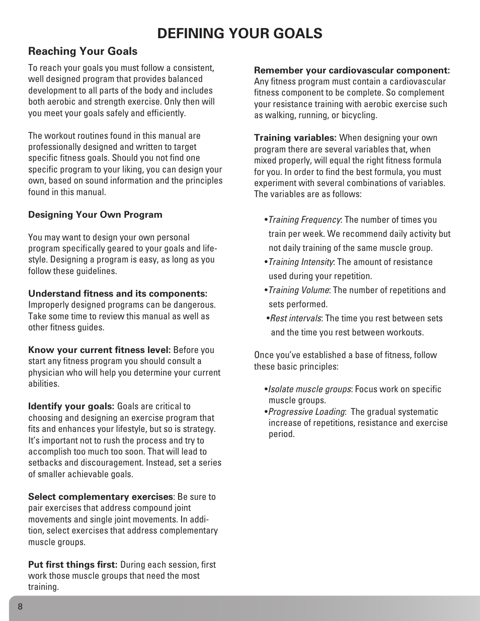 Defining your goals | Nautilus NS 200X User Manual | Page 8 / 27