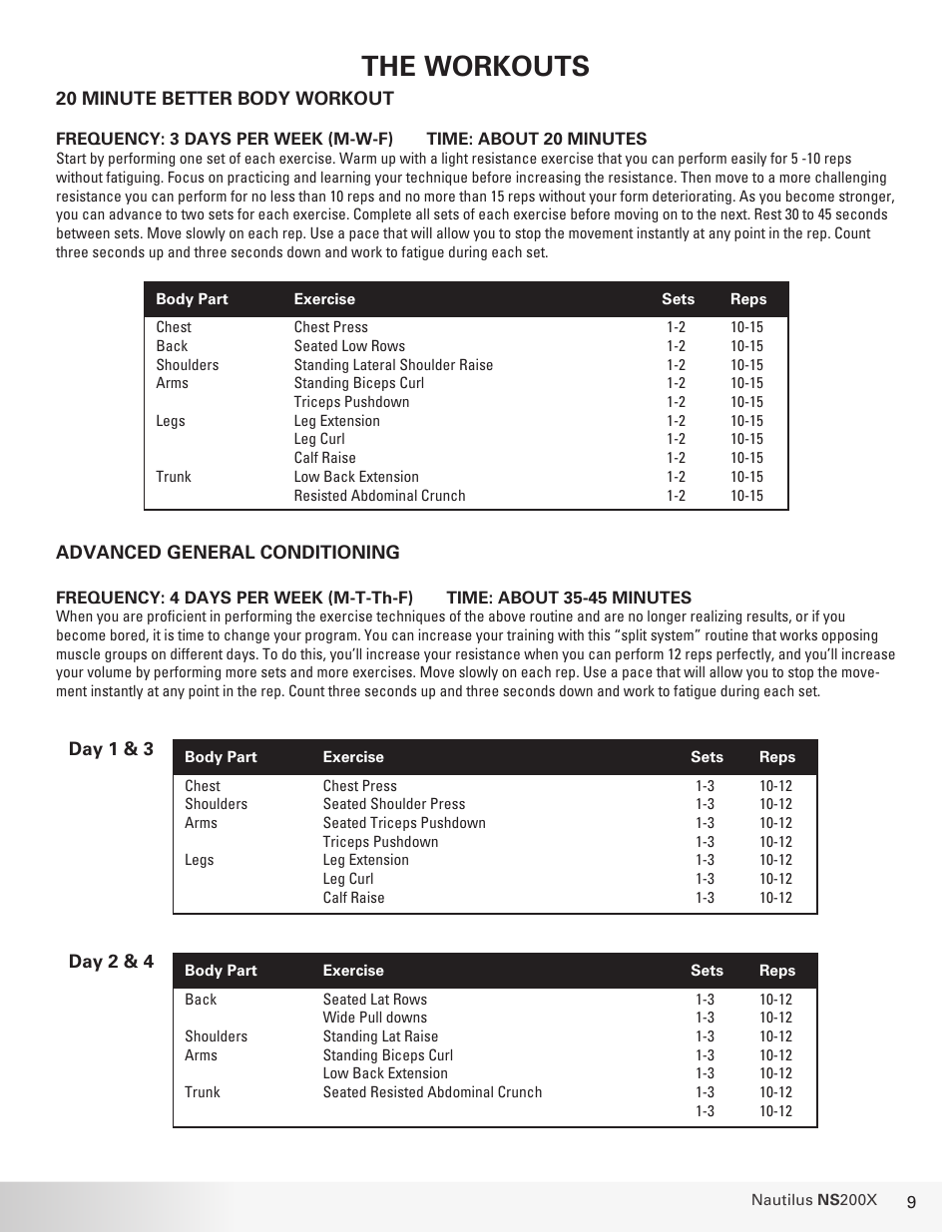 The workouts | Nautilus NS 200X User Manual | Page 9 / 27