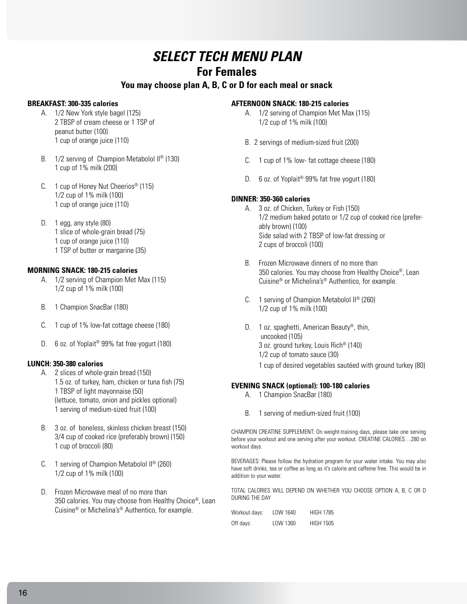Select tech menu plan, For females | Nautilus SELECTTECH 552 User Manual | Page 16 / 40
