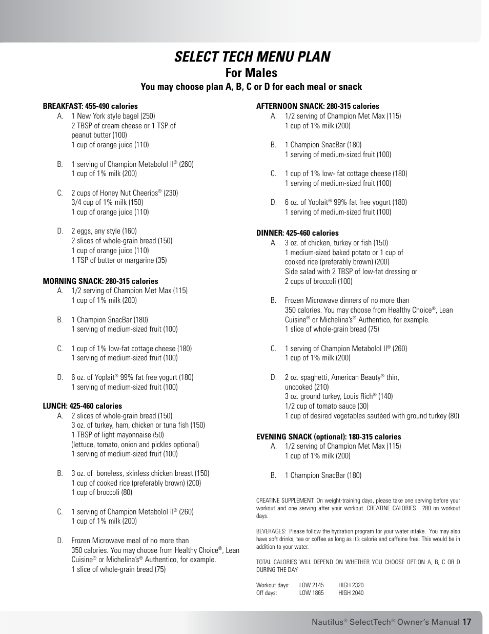 Select tech menu plan, For males | Nautilus SELECTTECH 552 User Manual | Page 17 / 40