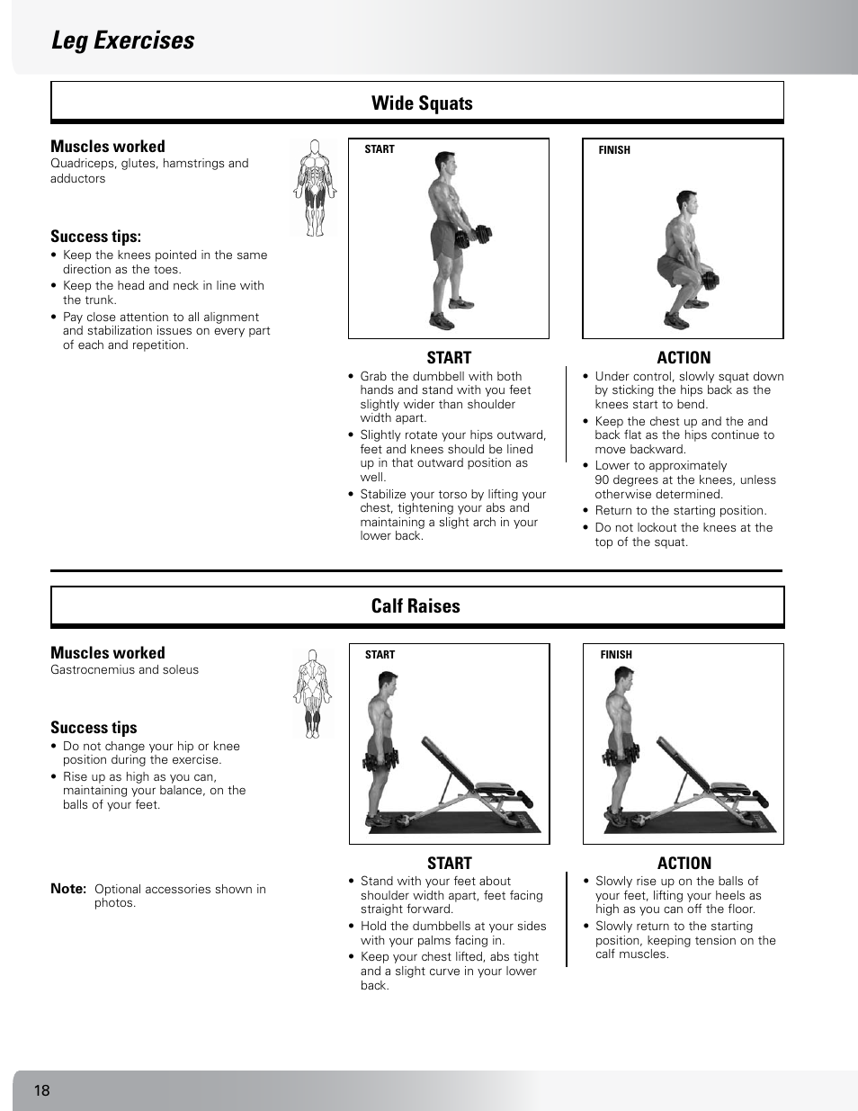 Leg exercises, Wide squats, Calf raises | Nautilus SELECTTECH 552 User Manual | Page 18 / 40