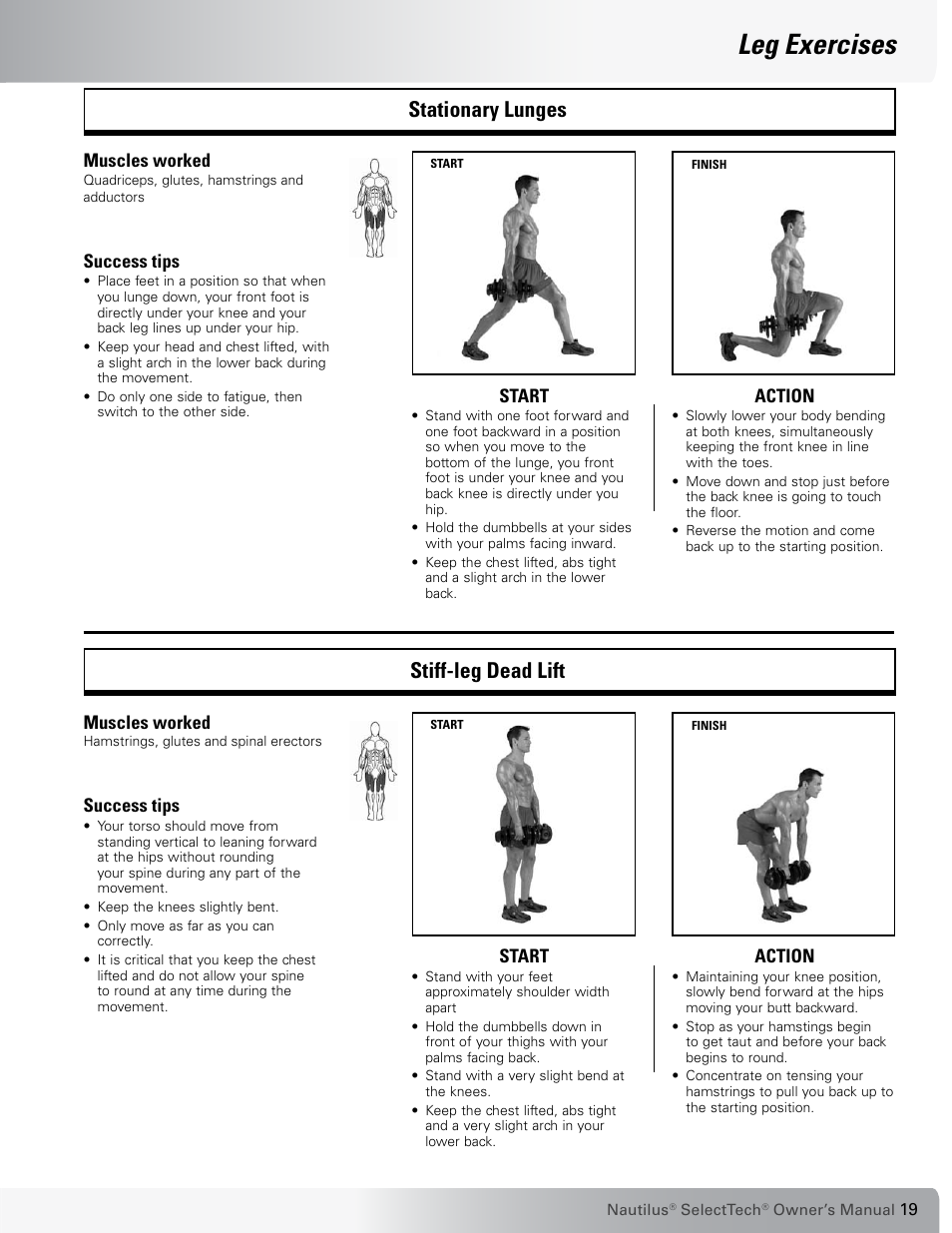 Leg exercises, Stationary lunges stiff-leg dead lift | Nautilus SELECTTECH 552 User Manual | Page 19 / 40