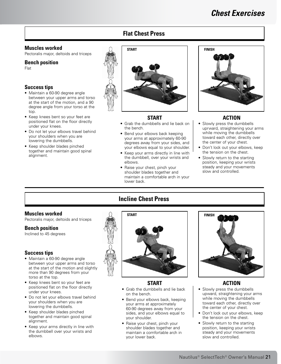Chest exercises, Flat chest press incline chest press, Start action muscles worked | Bench position, Success tips | Nautilus SELECTTECH 552 User Manual | Page 21 / 40