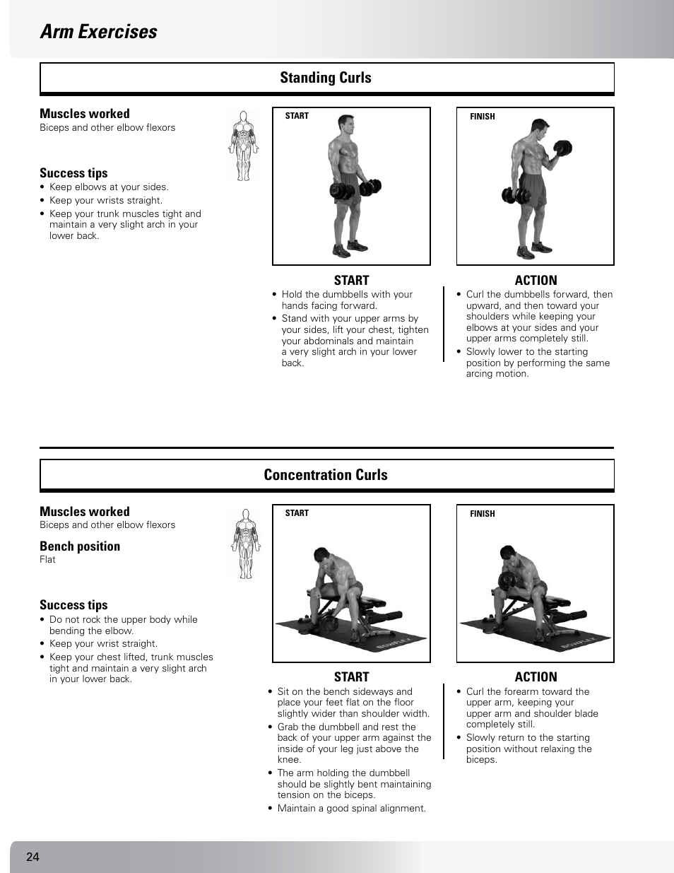 Arm exercises, Standing curls concentration curls | Nautilus SELECTTECH 552 User Manual | Page 24 / 40