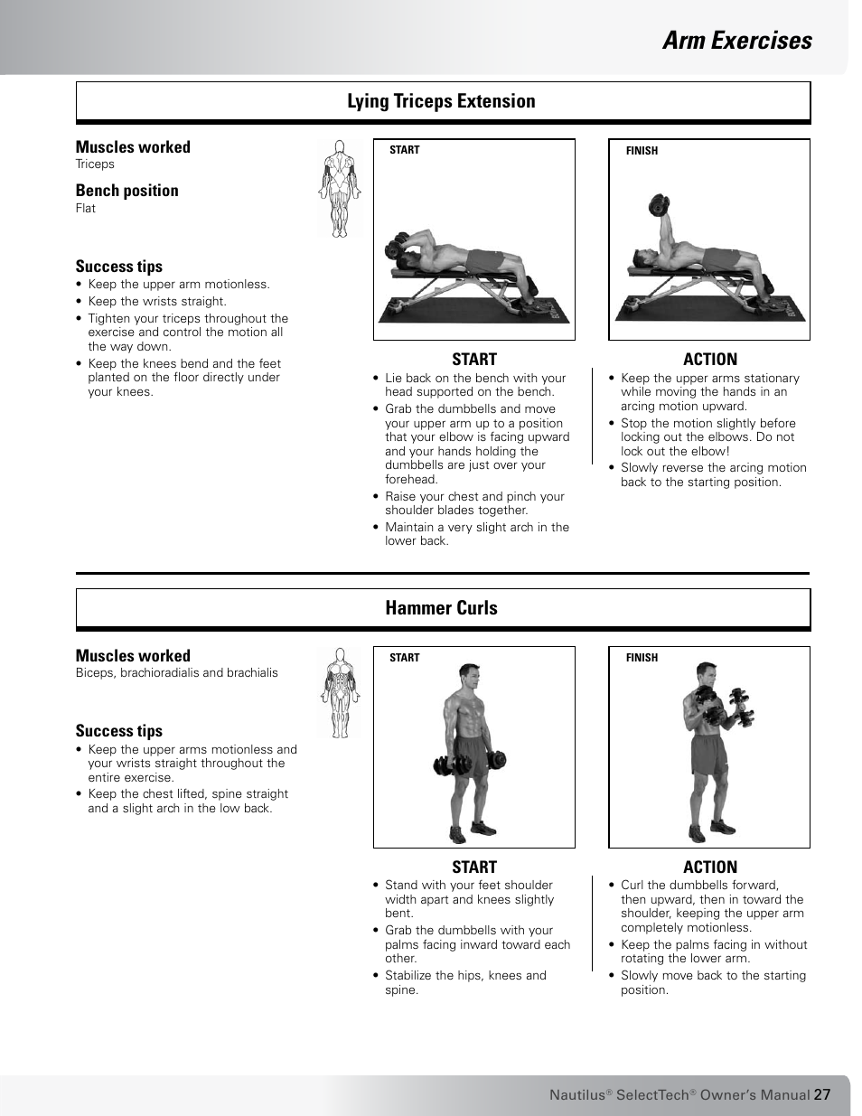Arm exercises, Lying triceps extension hammer curls | Nautilus SELECTTECH 552 User Manual | Page 27 / 40
