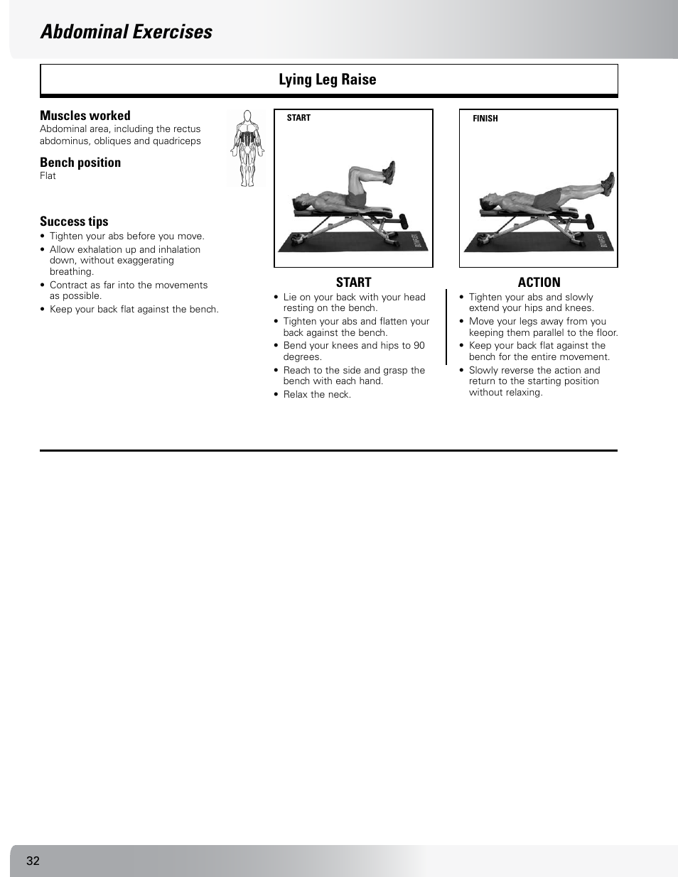 Abdominal exercises, Lying leg raise | Nautilus SELECTTECH 552 User Manual | Page 32 / 40