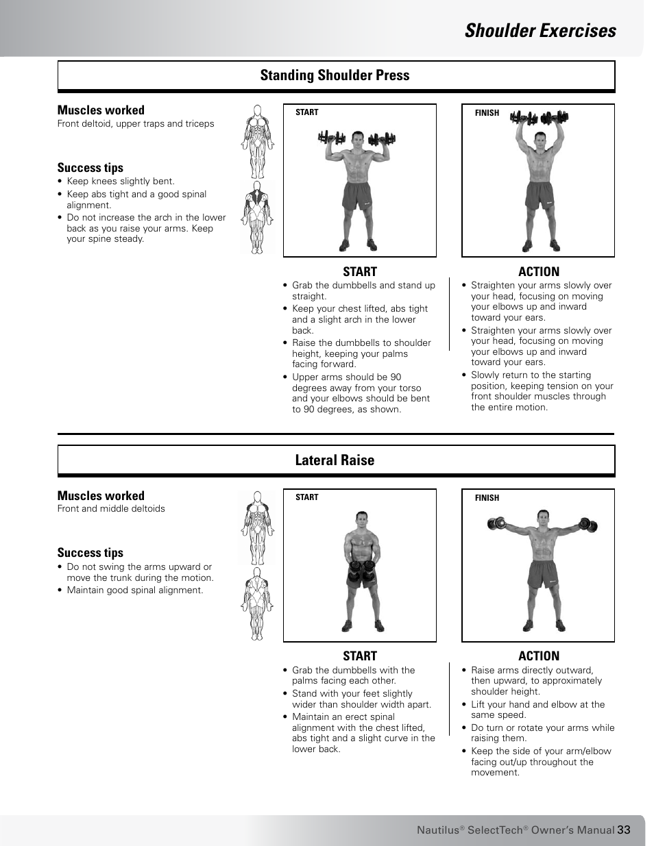 Shoulder exercises, Standing shoulder press lateral raise | Nautilus SELECTTECH 552 User Manual | Page 33 / 40