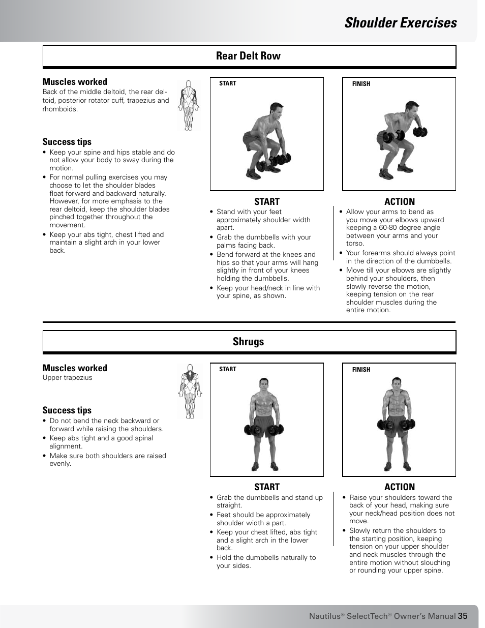Shoulder exercises, Rear delt row shrugs | Nautilus SELECTTECH 552 User Manual | Page 35 / 40