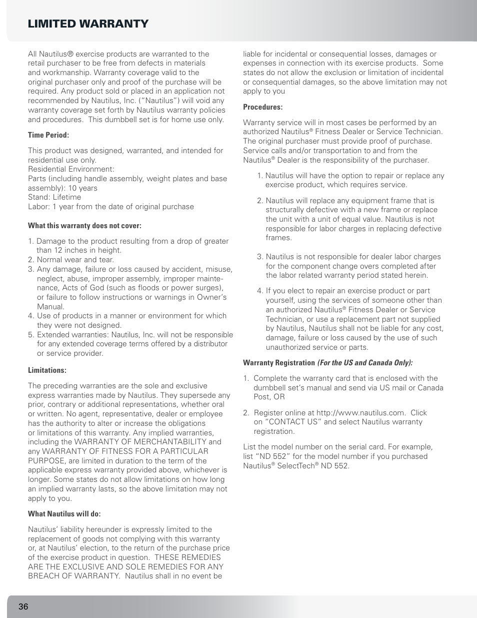 Limited warranty | Nautilus SELECTTECH 552 User Manual | Page 36 / 40