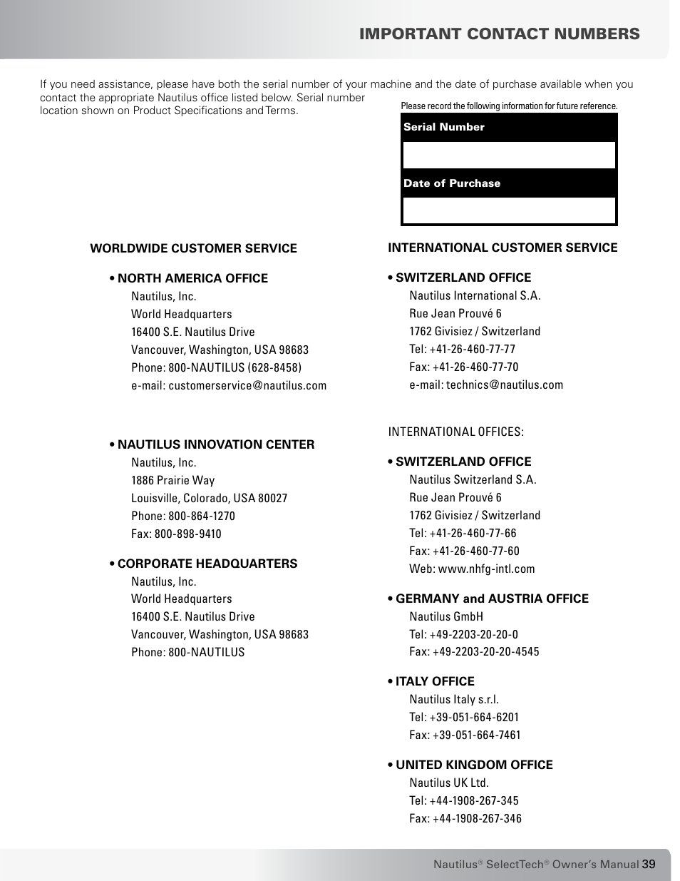 Important contact numbers | Nautilus SELECTTECH 552 User Manual | Page 39 / 40