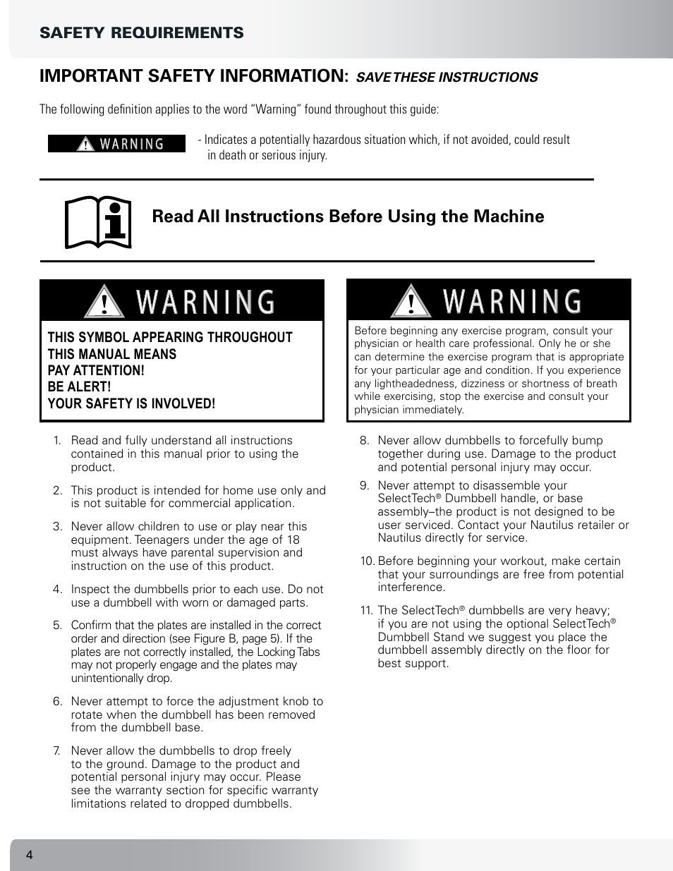 Immediate action required, Important safety information, Read all instructions before using the machine | Nautilus SELECTTECH 552 User Manual | Page 4 / 40