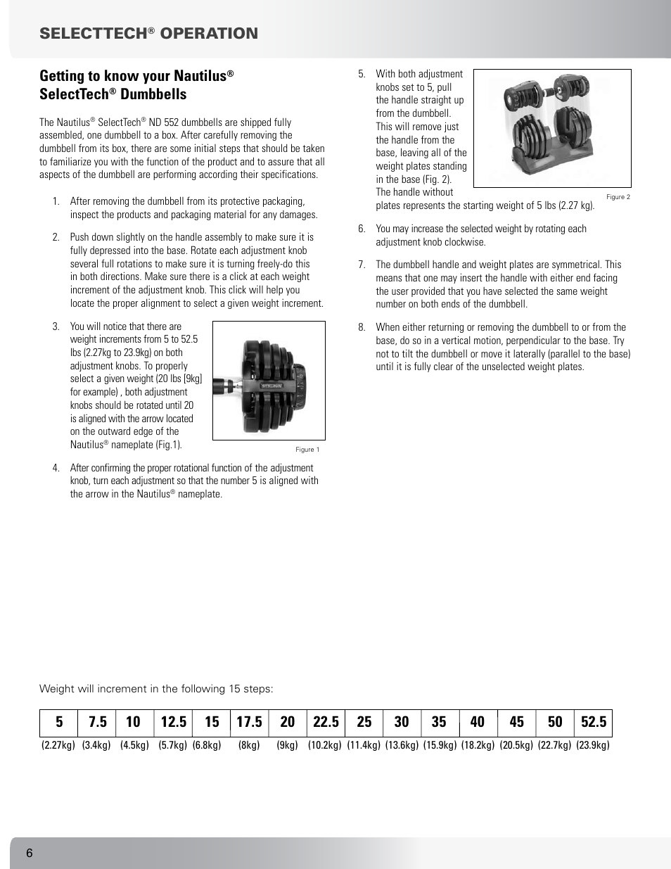 Selecttech, Operation, Dumbbells | Nautilus SELECTTECH 552 User Manual | Page 6 / 40