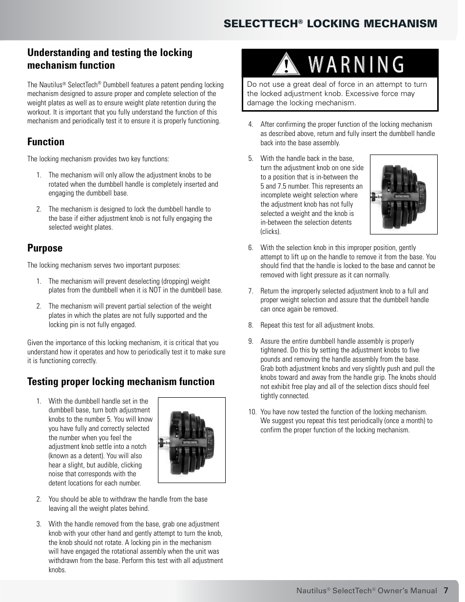 Immediate action required, Selecttech, Function | Purpose, Testing proper locking mechanism function | Nautilus SELECTTECH 552 User Manual | Page 7 / 40
