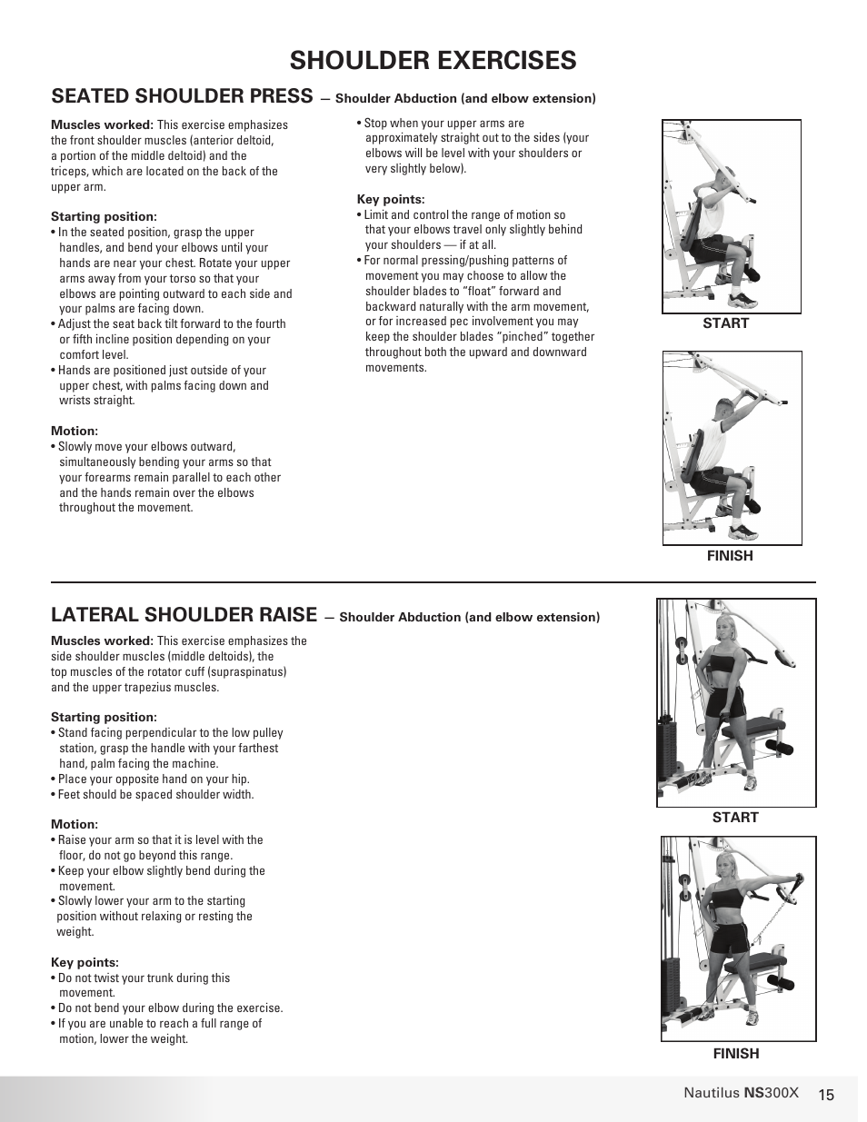 Shoulder exercises, Seated shoulder press, Lateral shoulder raise | Nautilus NS 300X User Manual | Page 15 / 27