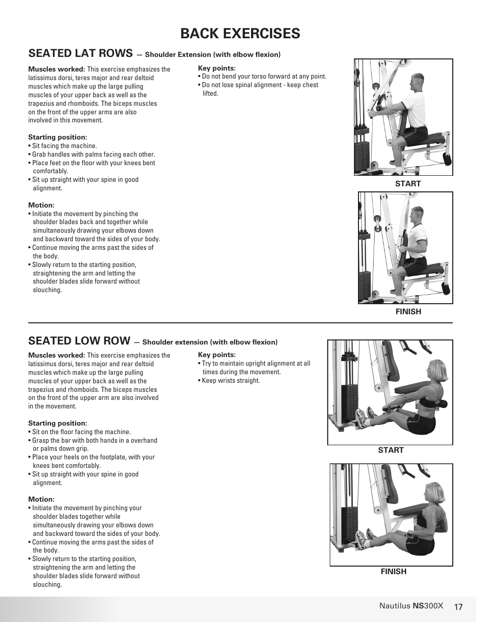 Back exercises, Seated lat rows, Seated low row | Nautilus NS 300X User Manual | Page 17 / 27