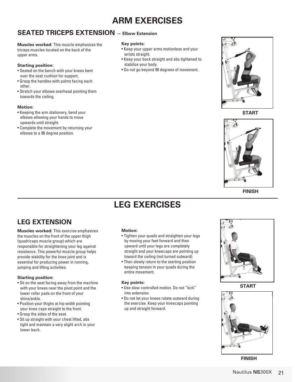 Arm exercises, Leg exercises, Seated triceps extension | Leg extension | Nautilus NS 300X User Manual | Page 21 / 27