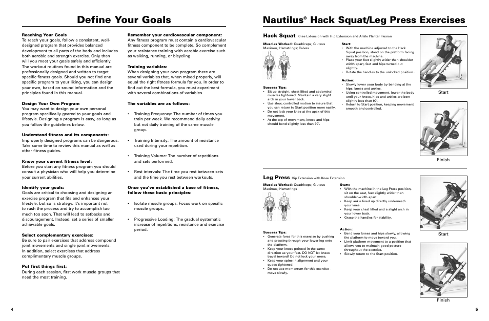 Define your goals, Nautilus, Hack squat/leg press exercises | Hack squat, Leg press | Nautilus NT-1230 User Manual | Page 4 / 5