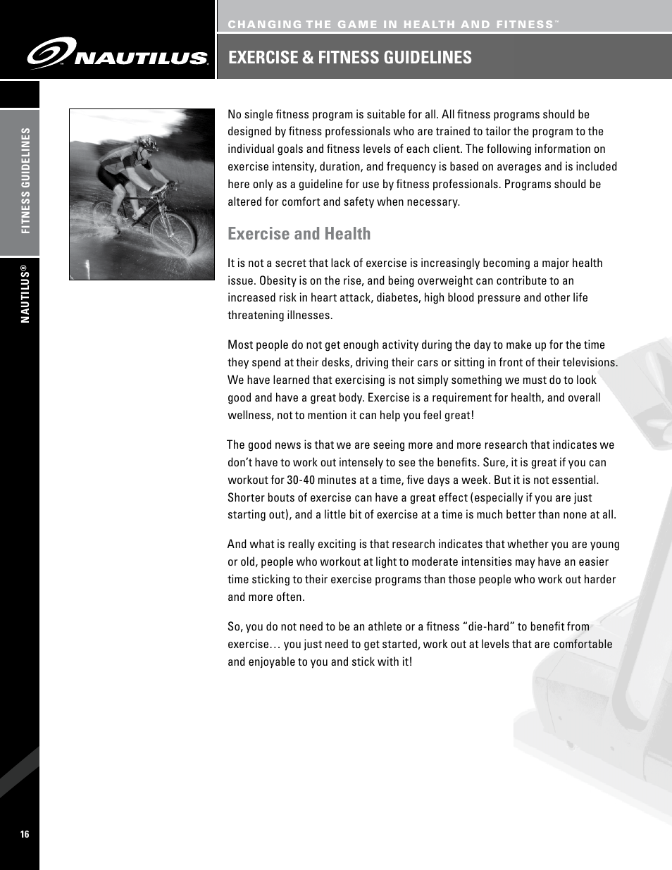 Exercise and health, Exercise & fitness guidelines | Nautilus PRO SERIES TREADMILLS T7.14 User Manual | Page 18 / 34