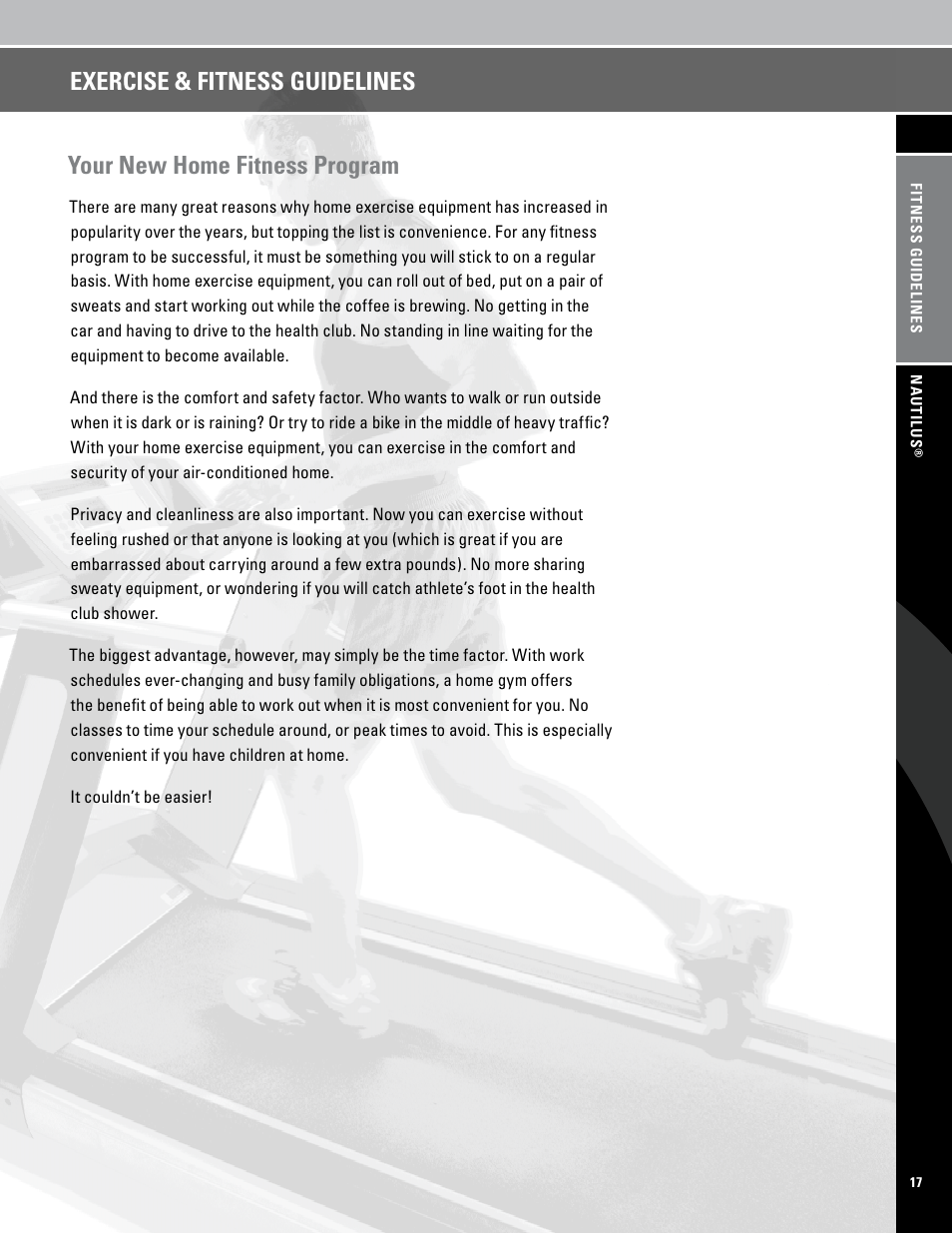 Your new home fitness program, Exercise & fitness guidelines | Nautilus PRO SERIES TREADMILLS T7.14 User Manual | Page 19 / 34