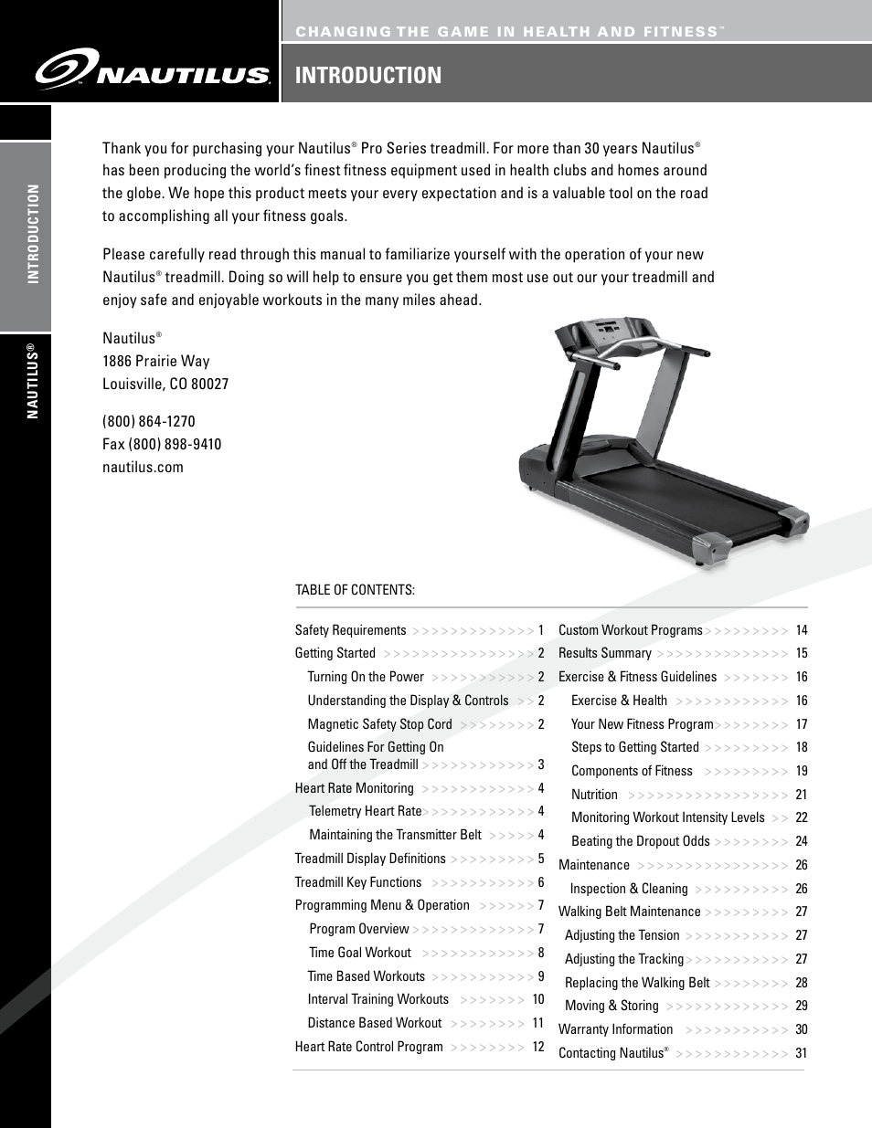 Introduction | Nautilus PRO SERIES TREADMILLS T7.14 User Manual | Page 2 / 34