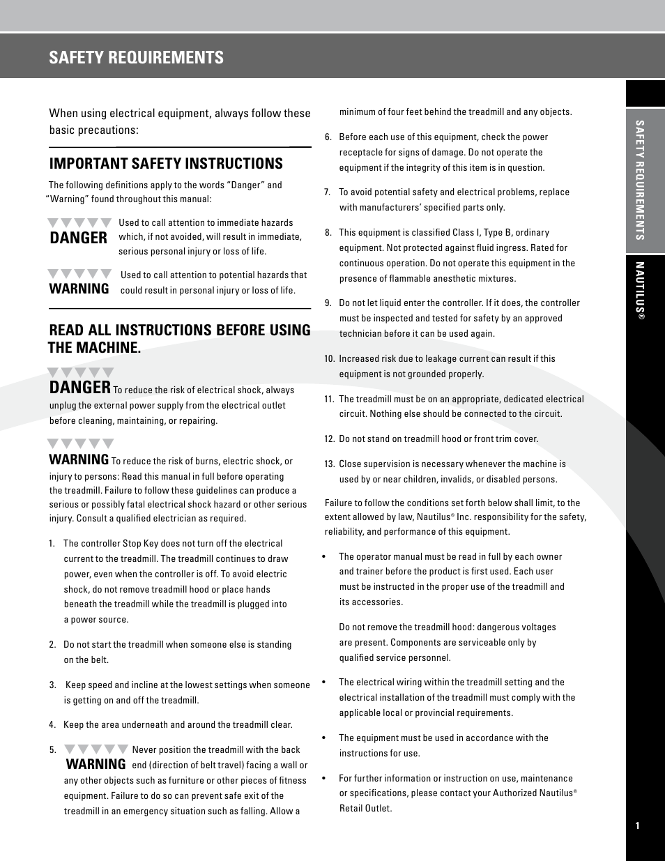 Safety requirements, Danger, Important safety instructions | Read all instructions before using the machine, Warning | Nautilus PRO SERIES TREADMILLS T7.14 User Manual | Page 3 / 34