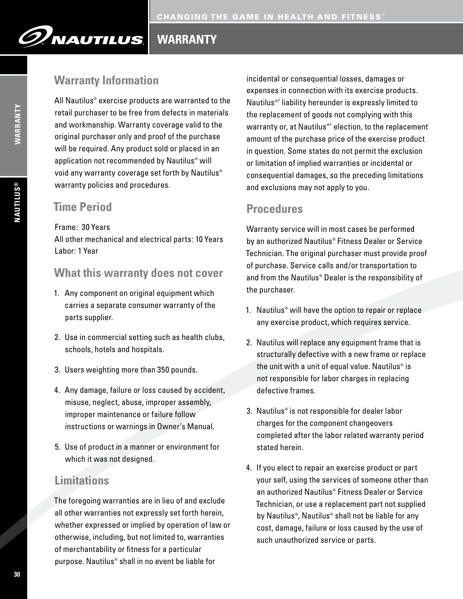 Warranty information, Time period, What this warranty does not cover | Limitations, Procedures, Warranty | Nautilus PRO SERIES TREADMILLS T7.14 User Manual | Page 32 / 34