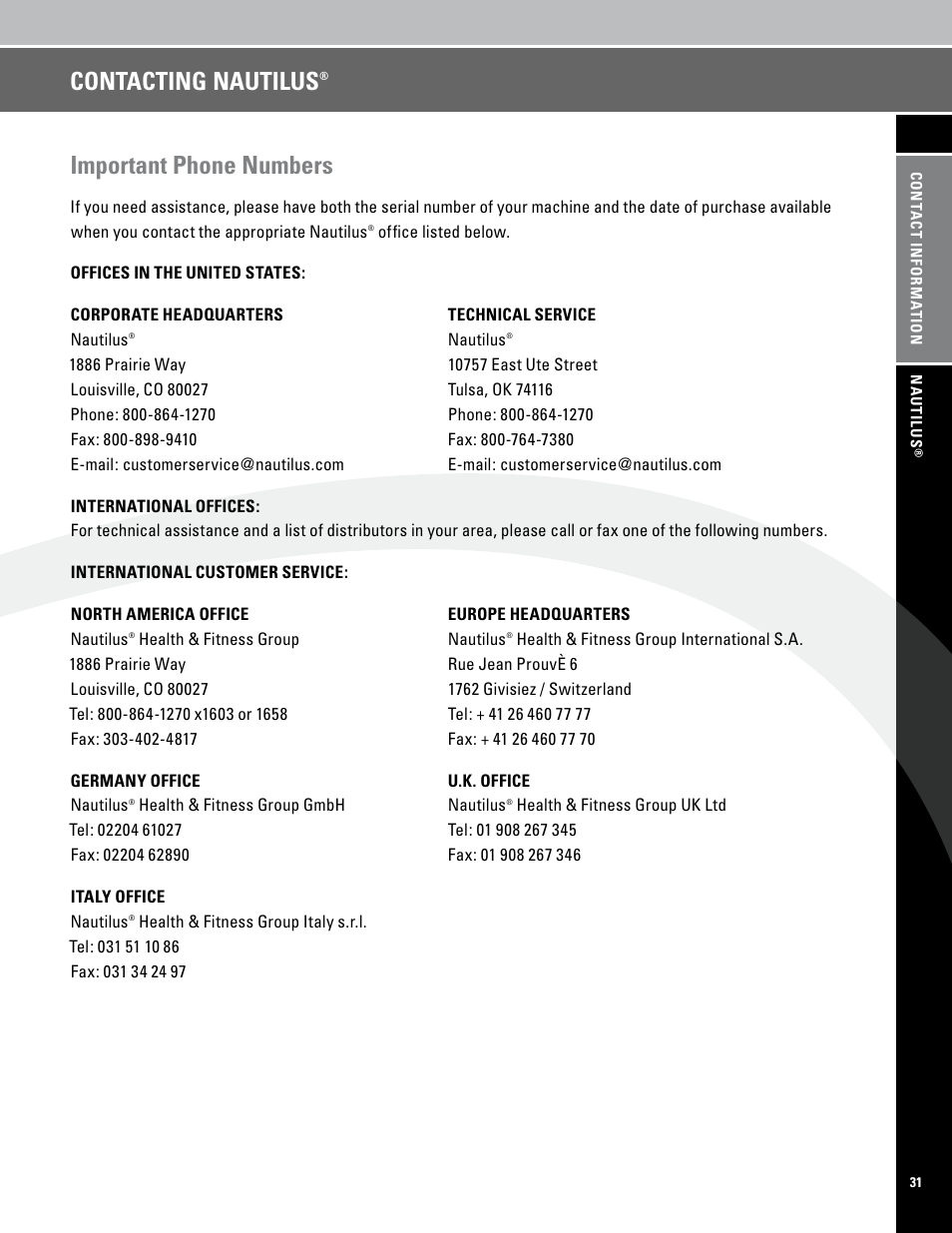 Important phone numers, Contacting nautilus | Nautilus PRO SERIES TREADMILLS T7.14 User Manual | Page 33 / 34