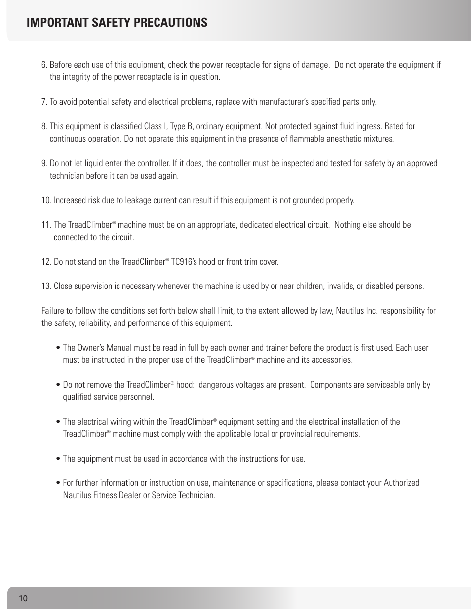 Important safety precautions | Nautilus TREADCLIMBER TC916 User Manual | Page 10 / 62