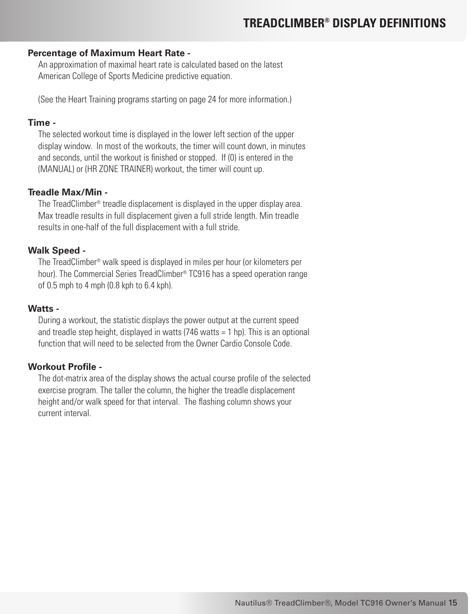 Treadclimber, Display definitions | Nautilus TREADCLIMBER TC916 User Manual | Page 15 / 62