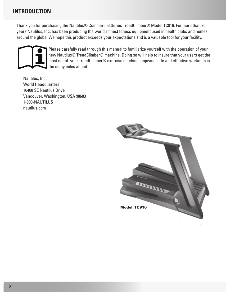 Introduction | Nautilus TREADCLIMBER TC916 User Manual | Page 2 / 62