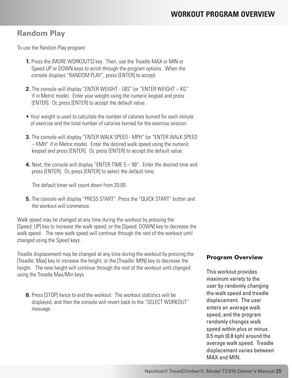 Random play, Workout program overview | Nautilus TREADCLIMBER TC916 User Manual | Page 25 / 62
