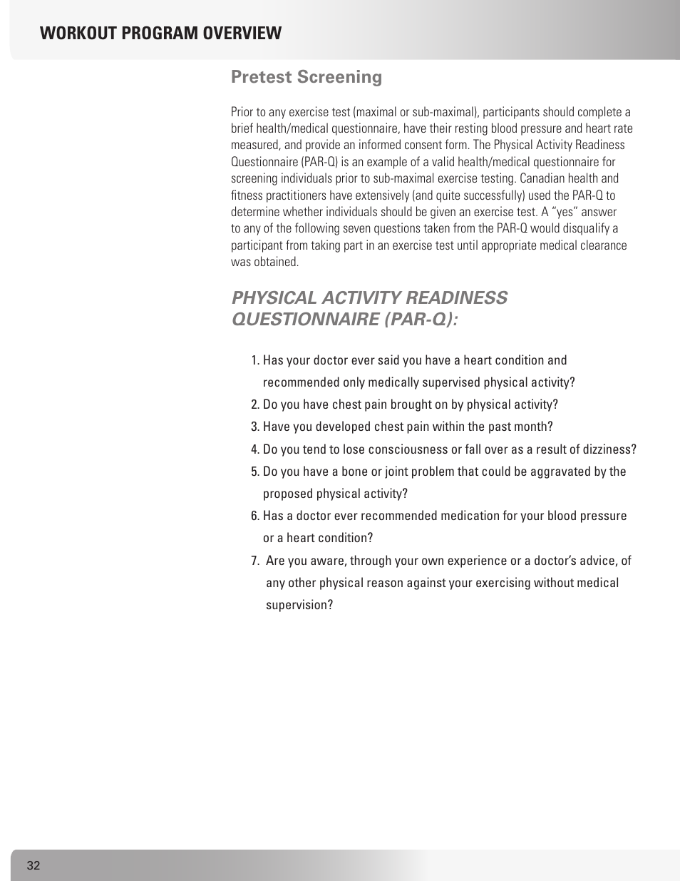 Workout program overview pretest screening, Physical activity readiness questionnaire (par-q) | Nautilus TREADCLIMBER TC916 User Manual | Page 32 / 62