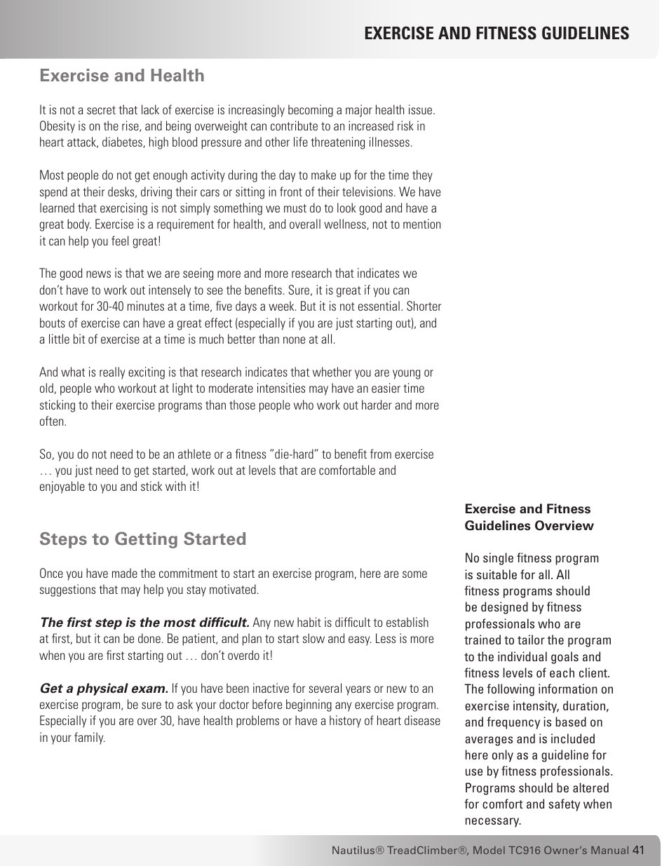 Steps to getting started | Nautilus TREADCLIMBER TC916 User Manual | Page 41 / 62