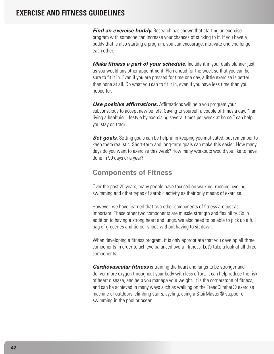 Exercise and fitness guidelines, Components of fitness | Nautilus TREADCLIMBER TC916 User Manual | Page 42 / 62