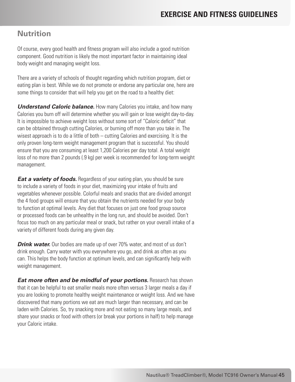 Nutrition, Exercise and fitness guidelines | Nautilus TREADCLIMBER TC916 User Manual | Page 45 / 62
