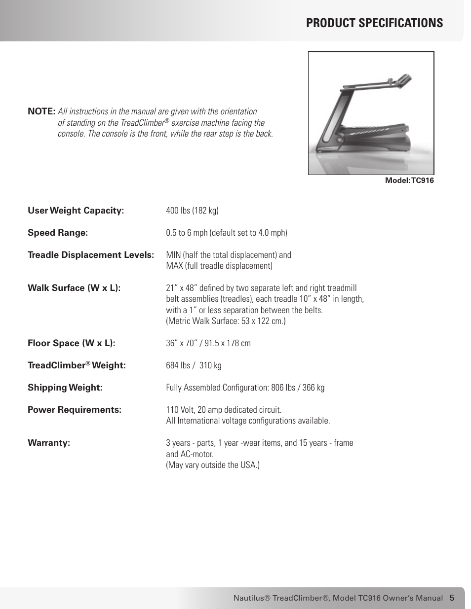 Product specifications | Nautilus TREADCLIMBER TC916 User Manual | Page 5 / 62